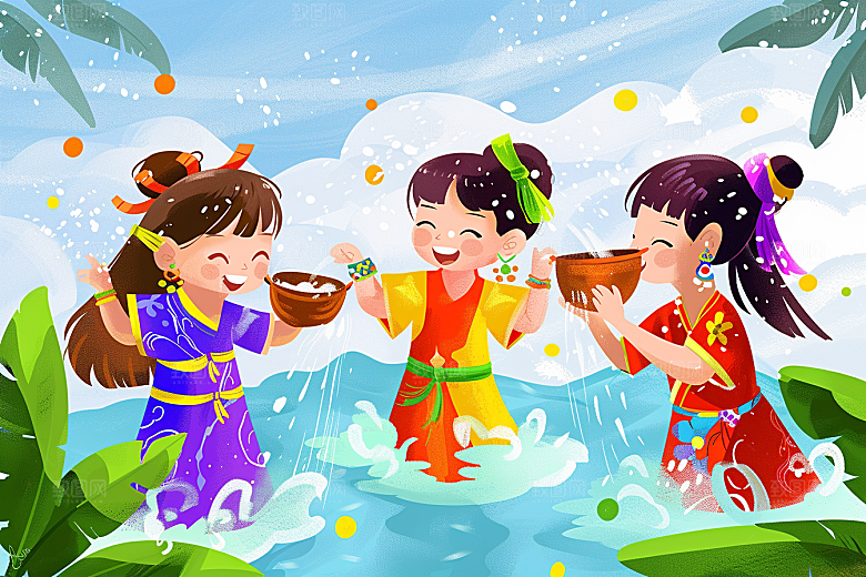 泼水节洒水高清插画