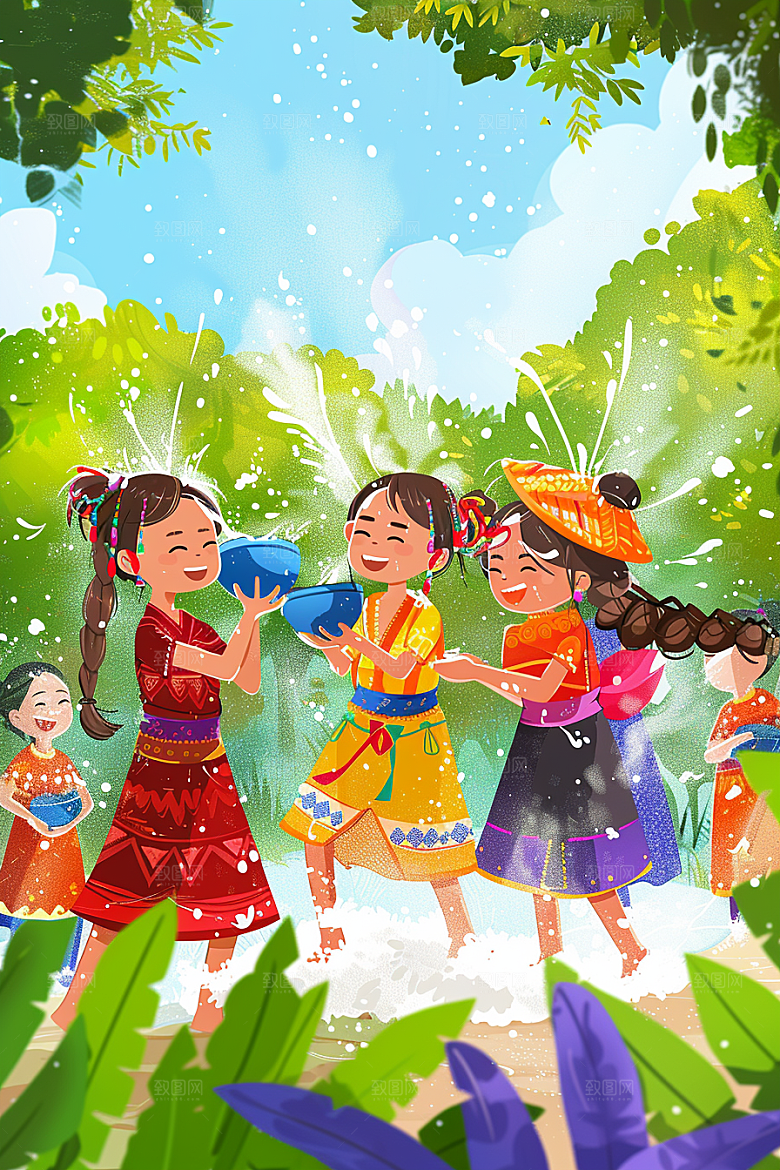 泼水节戏耍泰国插画