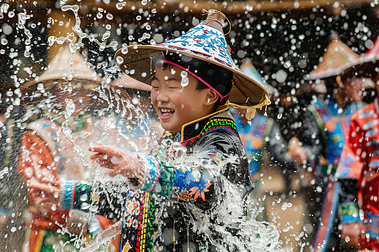 泼水节场景祝福摄影图