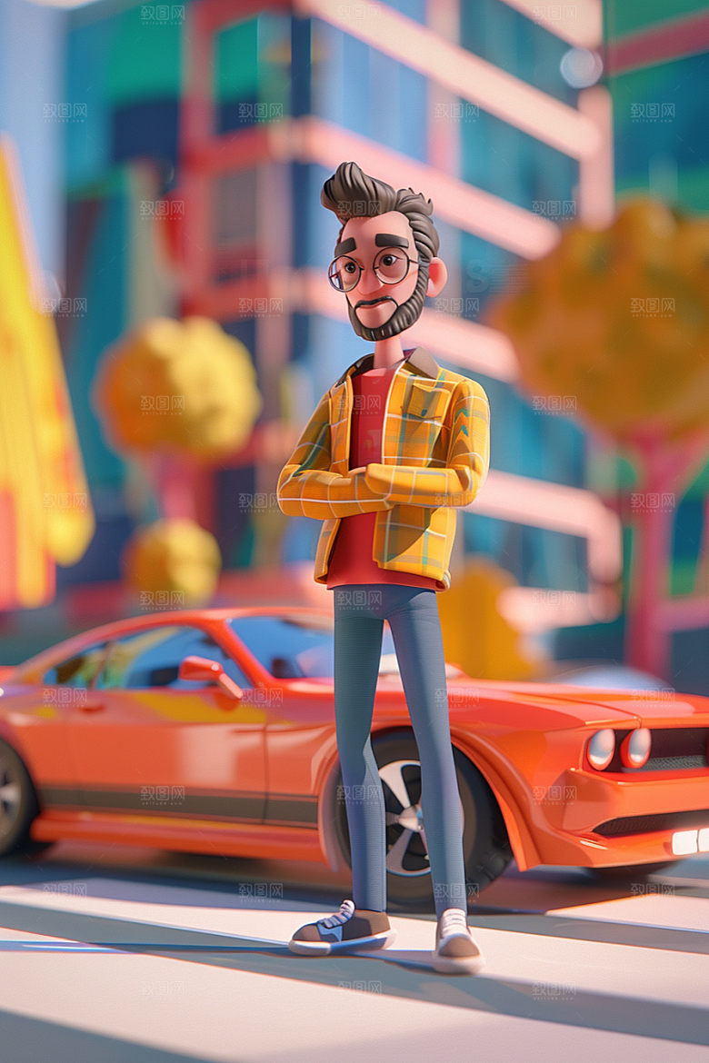 商务人士和汽车3D工作模型