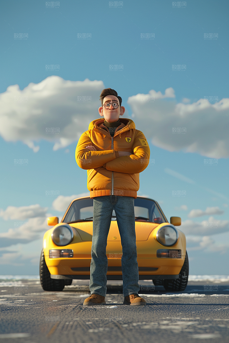 商务人士和汽车3D卡通模型