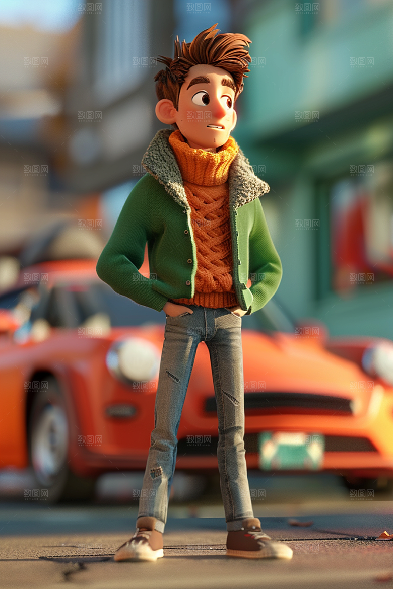 商务人士和汽车3D工作模型