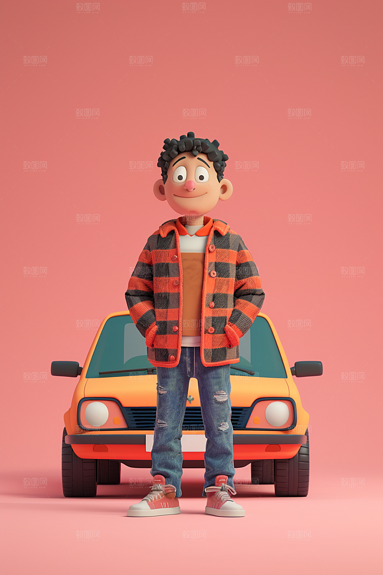 商务人士和汽车3D卡通模型
