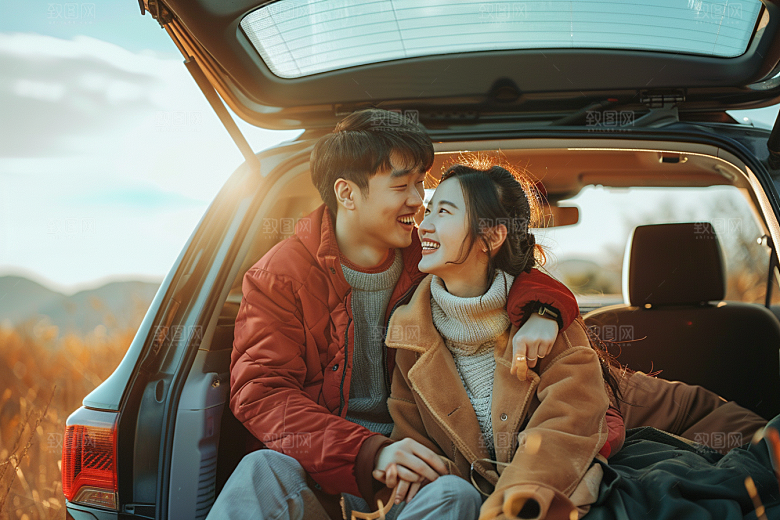 自驾游合影开车摄影图