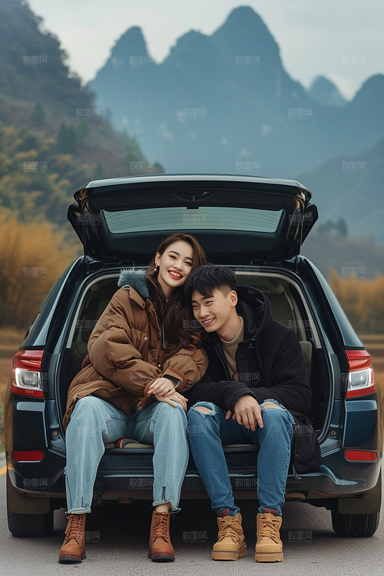 自驾游双人结伴旅行摄影图