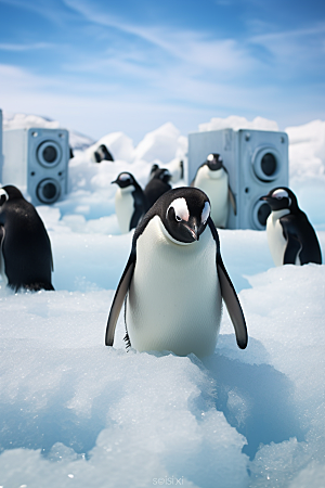 南极企鹅南极圈全球变暖创意素材