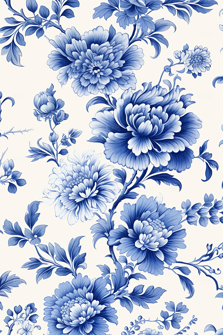 青花瓷纹样蓝色工笔画底纹