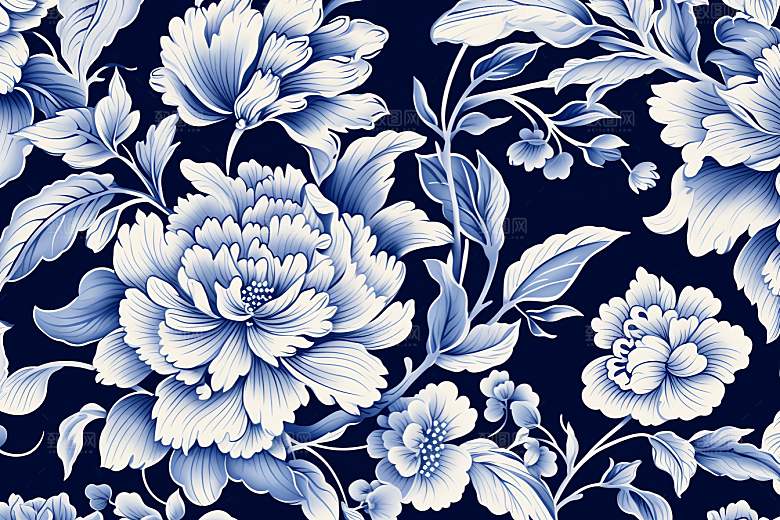 青花瓷纹样工笔画高清底纹