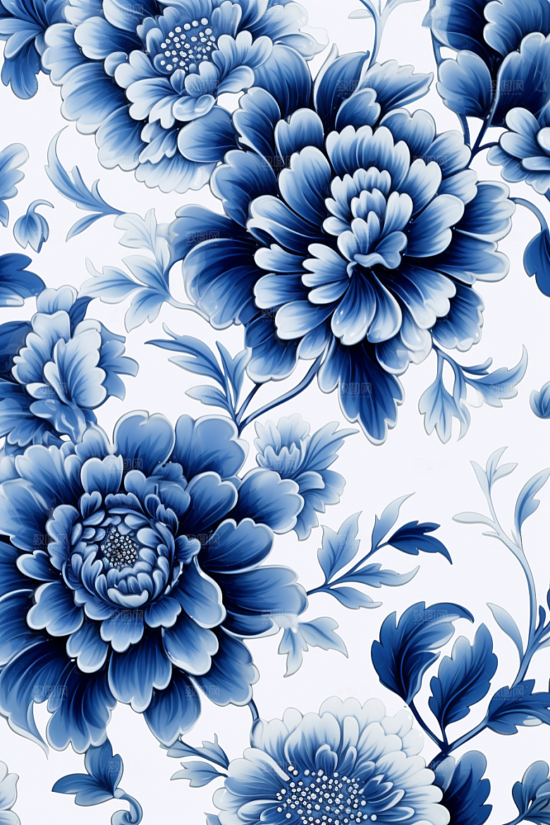 青花瓷纹样工笔画花卉底纹