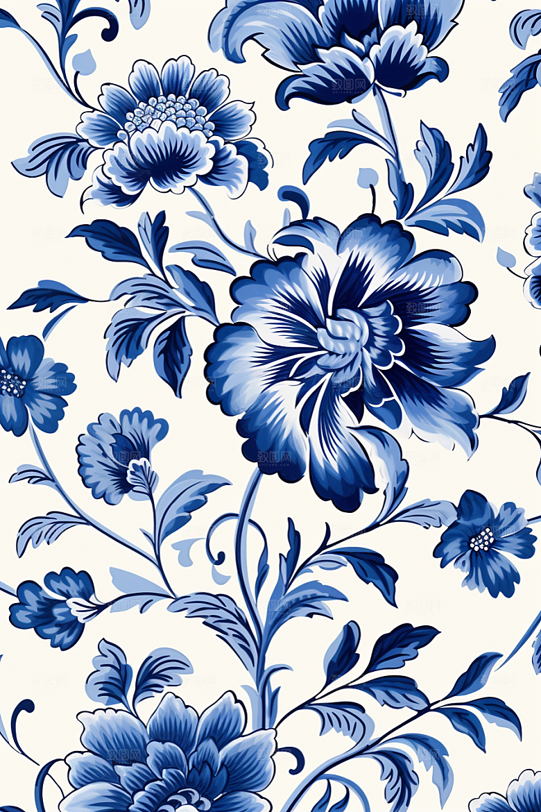 青花瓷纹样国画蓝色底纹