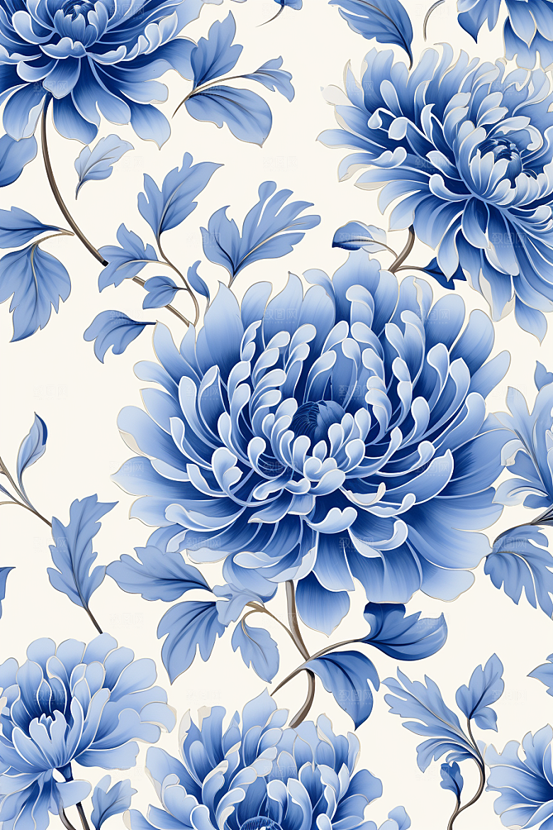 青花瓷纹样工笔画蓝色底纹