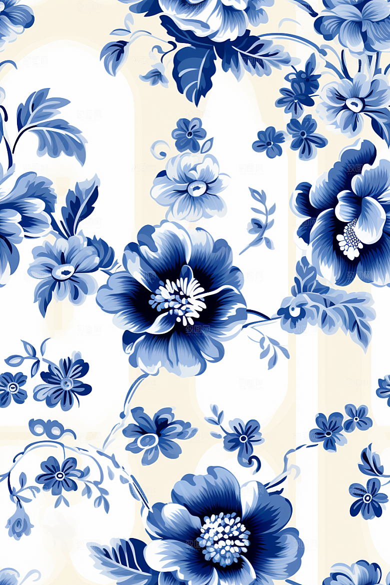 青花瓷纹样工笔画高清底纹