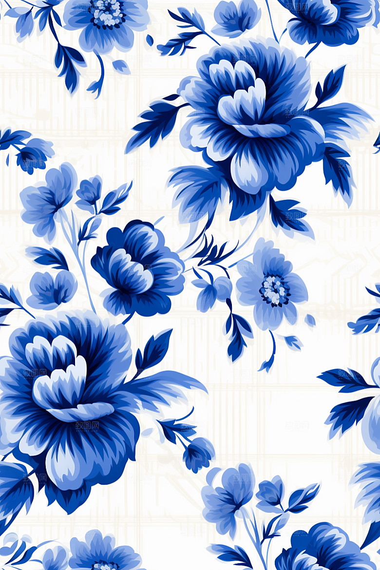 青花瓷纹样工笔画花卉底纹