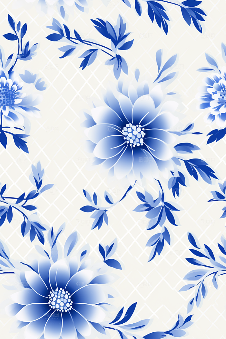 青花瓷纹样国画蓝色底纹