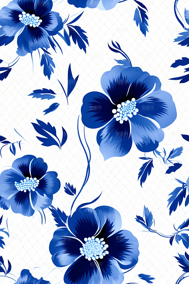青花瓷纹样工笔画中式底纹