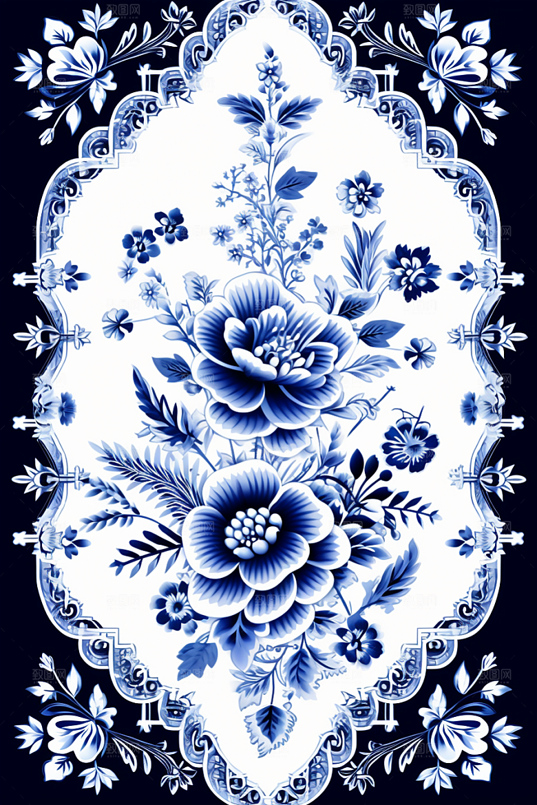 青花瓷纹样中式花卉底纹