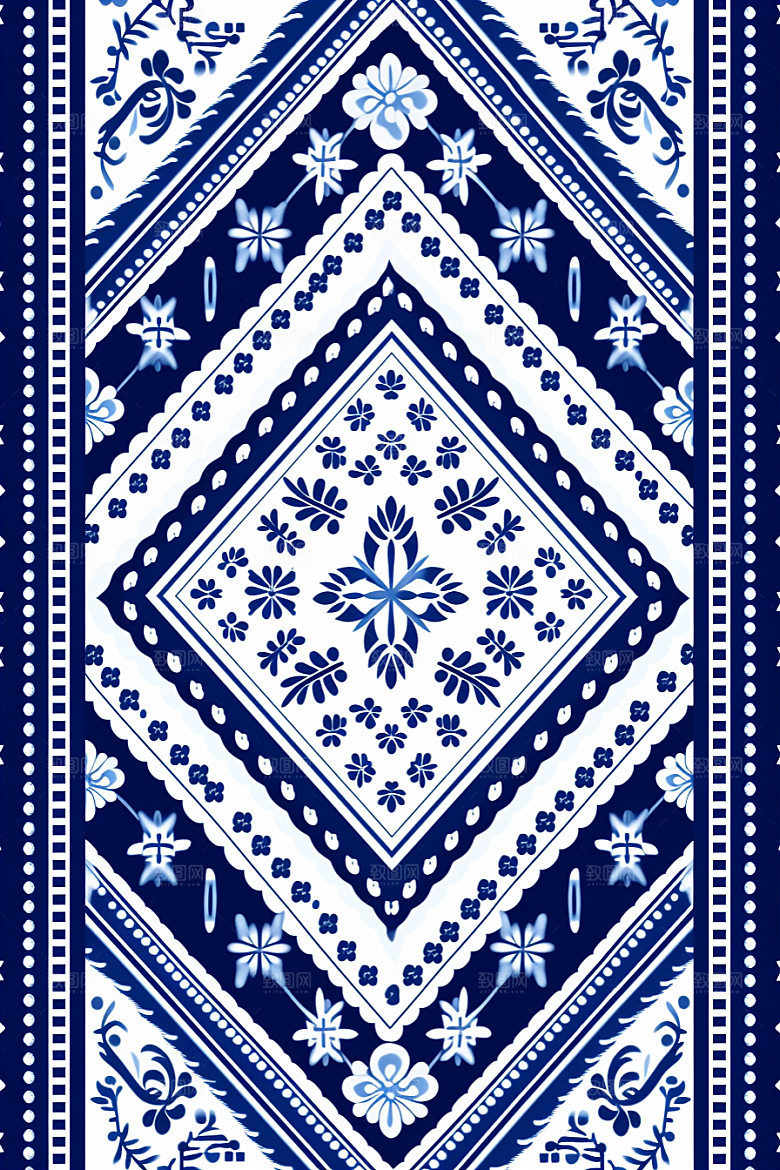 青花瓷纹样国画蓝色底纹