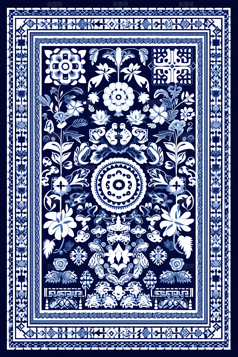 青花瓷纹样蓝色国画底纹