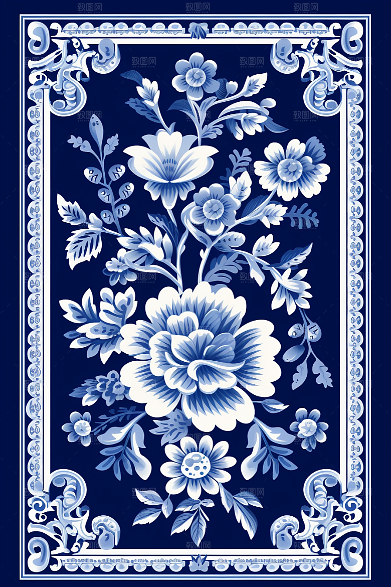 青花瓷纹样国画中式底纹