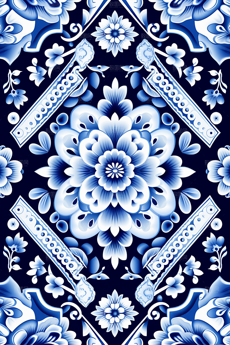青花瓷纹样国画蓝色底纹