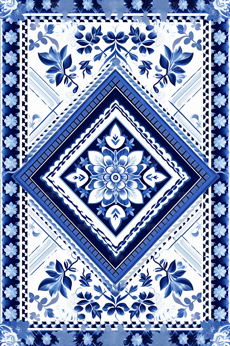 青花瓷纹样国画蓝色底纹