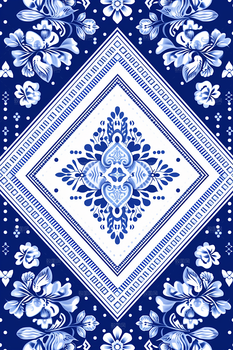 青花瓷纹样工笔画花卉底纹