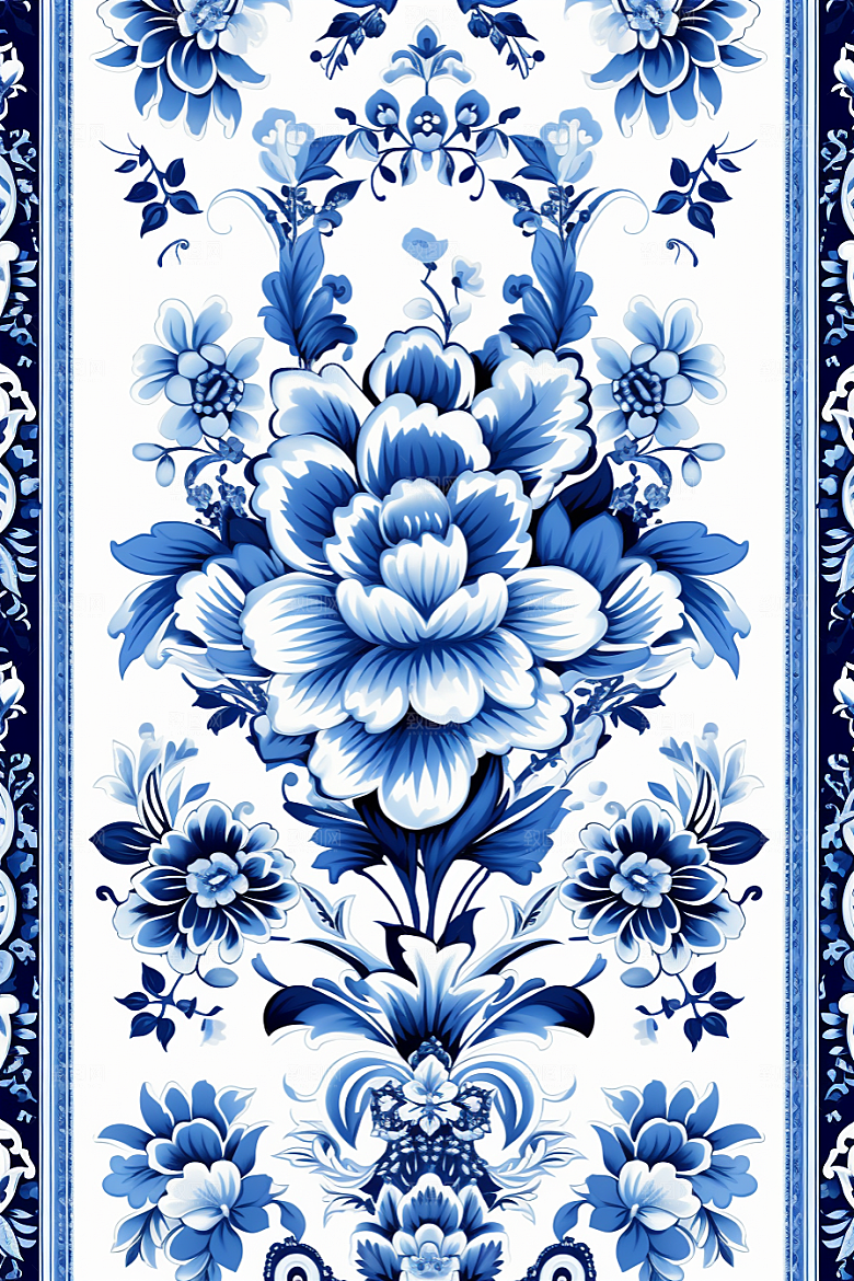 青花瓷纹样蓝色工笔画底纹