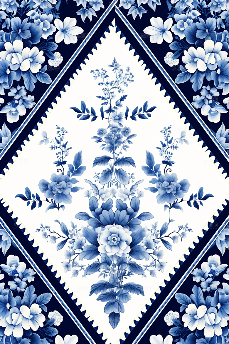 青花瓷纹样工笔画蓝色底纹