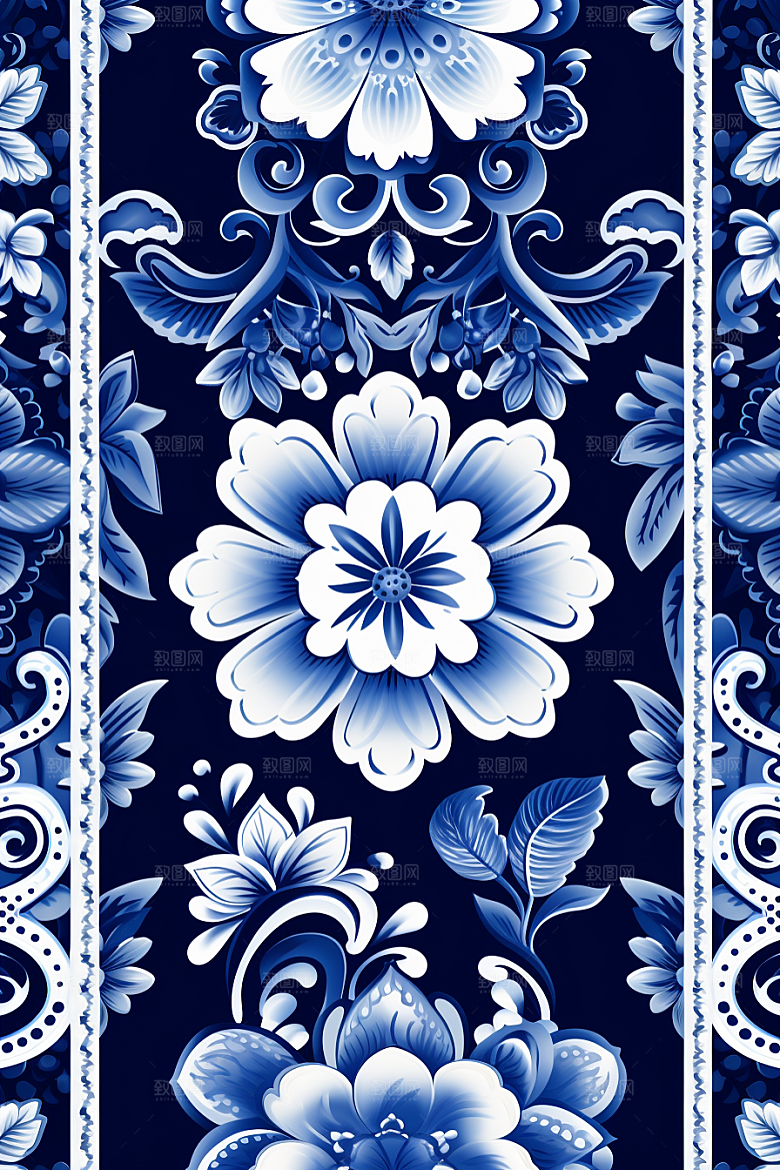 青花瓷纹样国画蓝色底纹