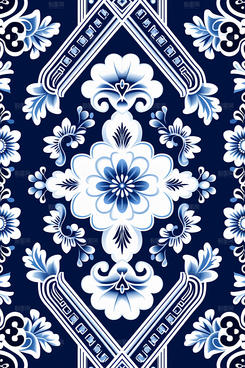 青花瓷纹样花卉国画底纹