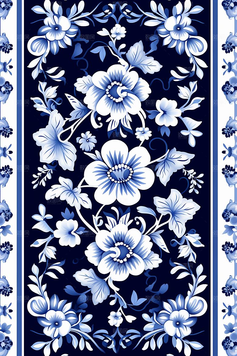 青花瓷纹样工笔画蓝色底纹