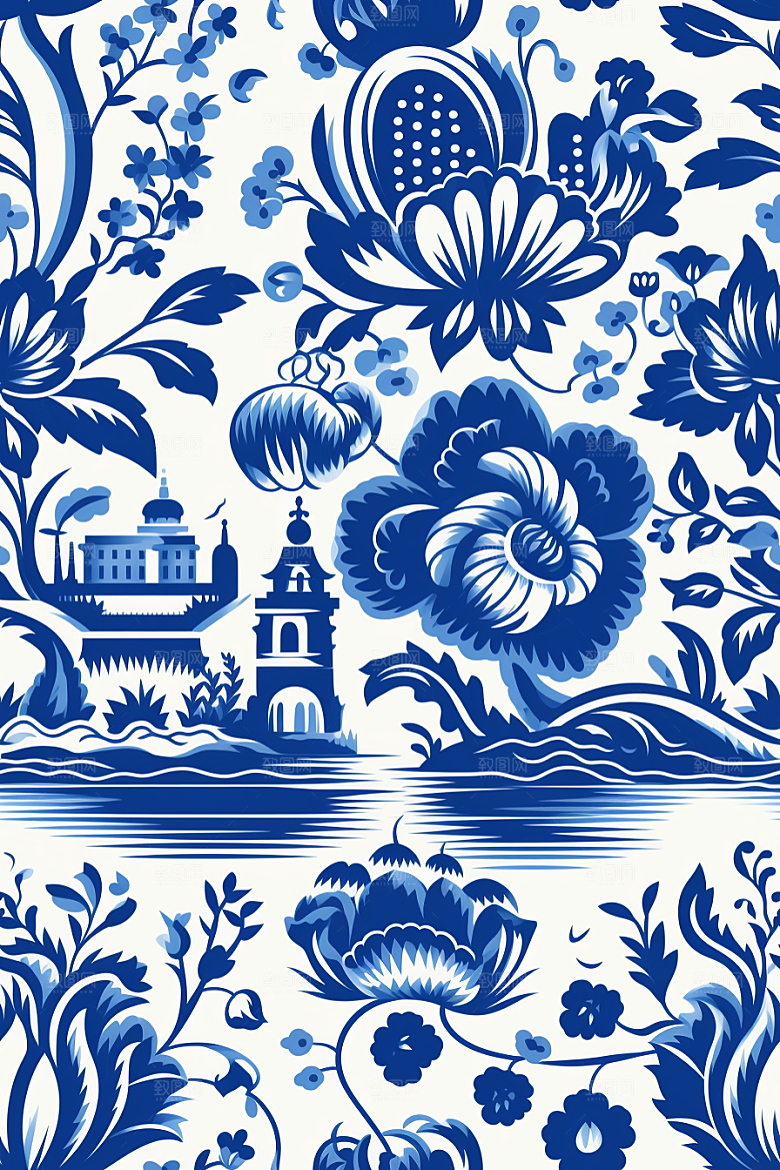 青花瓷纹样蓝色国画底纹