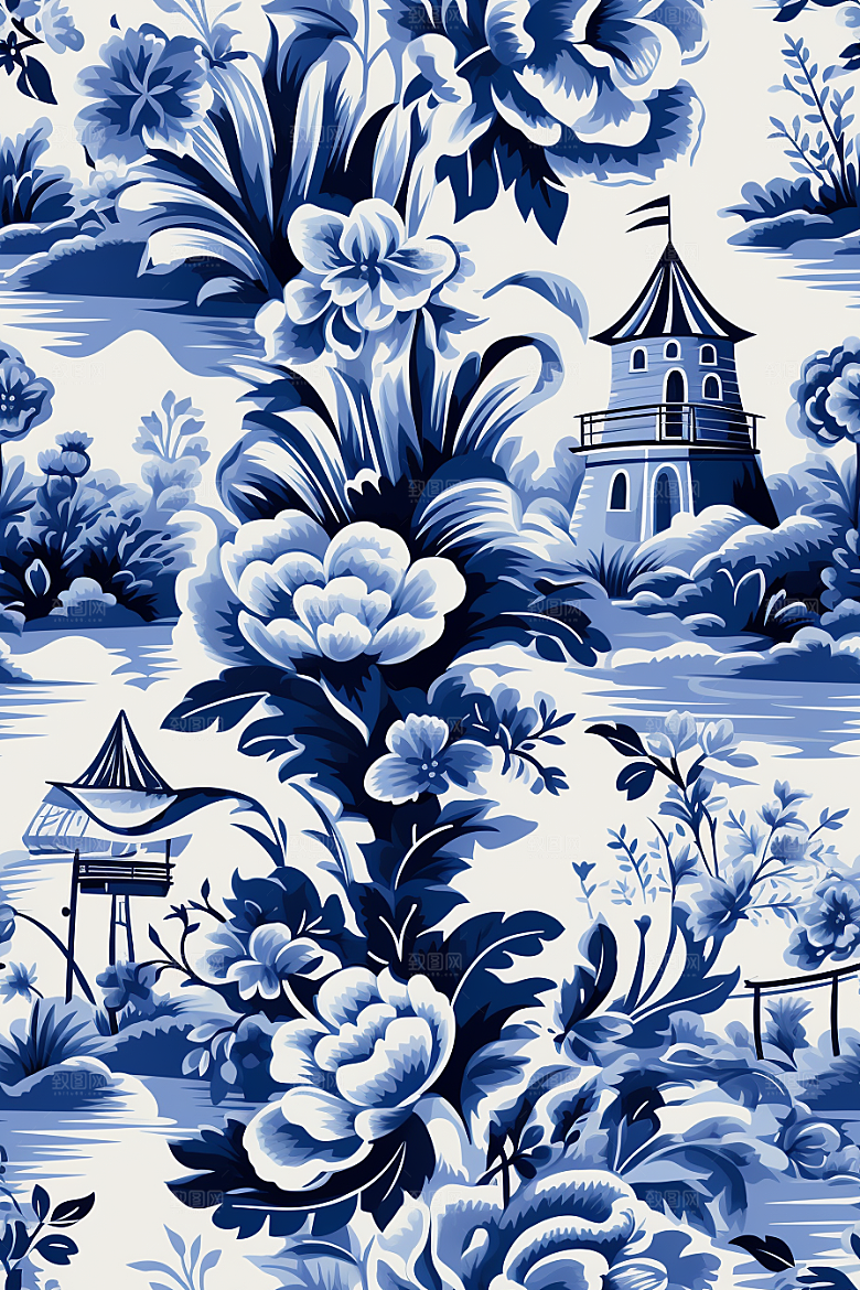 青花瓷纹样花卉国画底纹