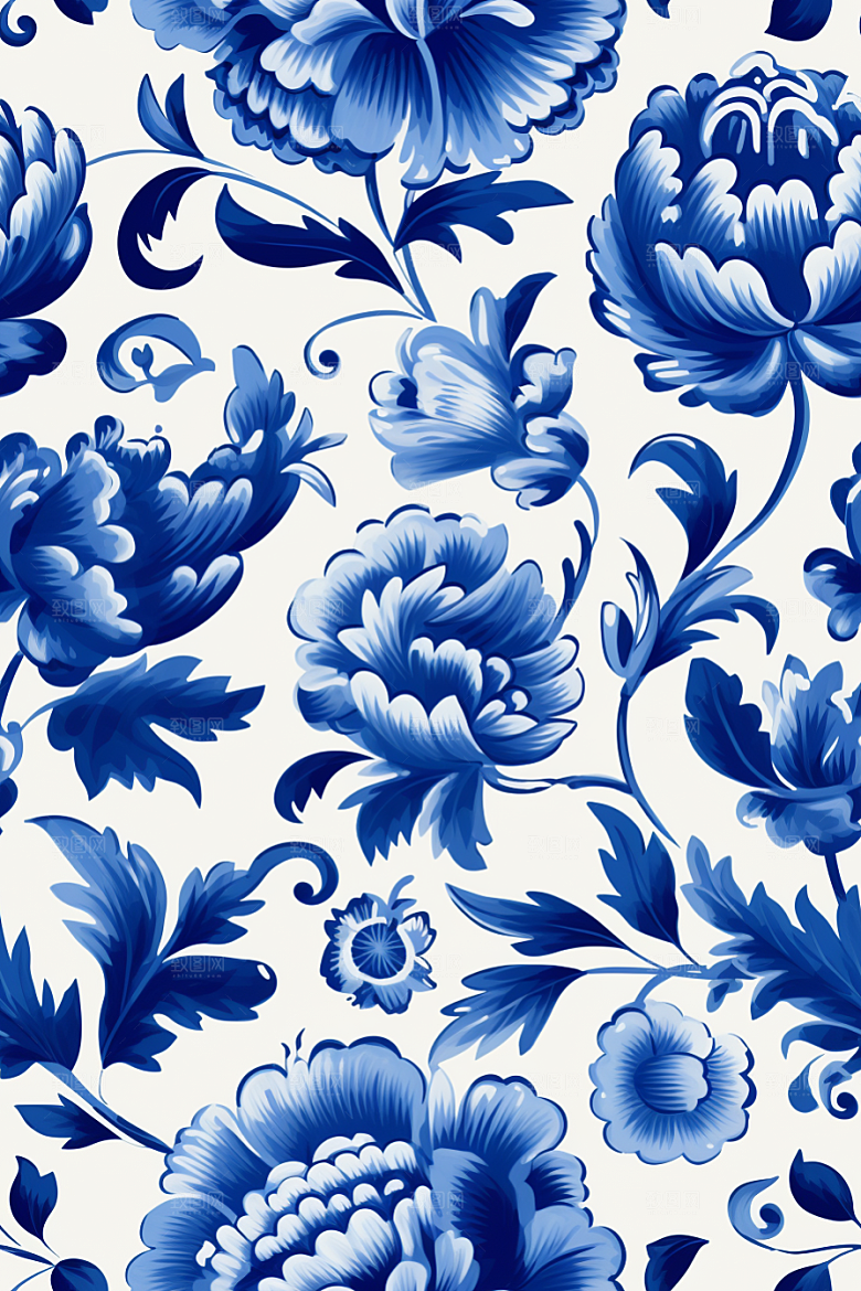 青花瓷纹样花卉国画底纹