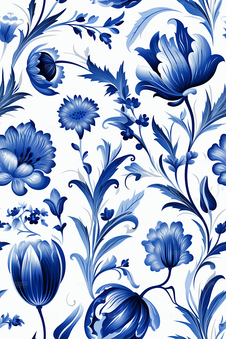 青花瓷纹样蓝色国画底纹