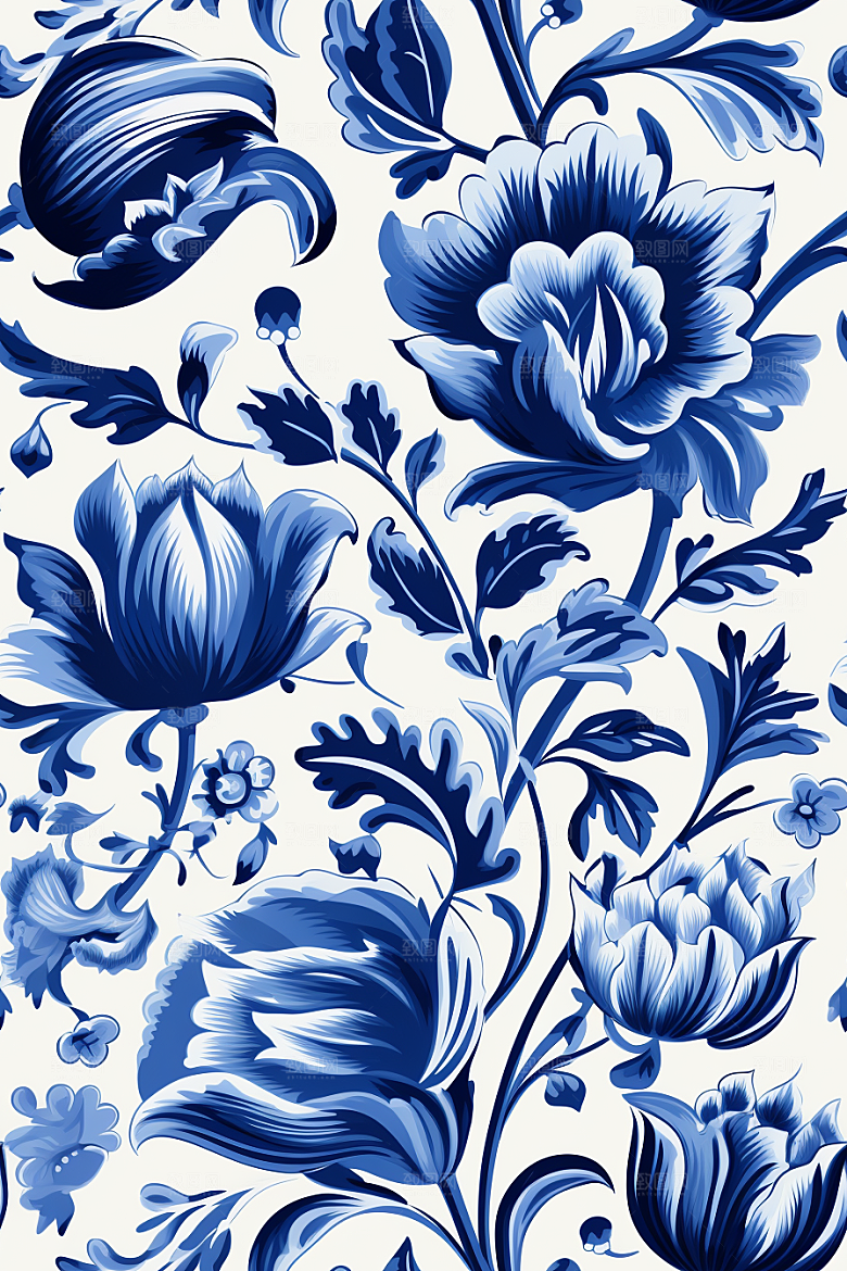 青花瓷纹样国画中式底纹
