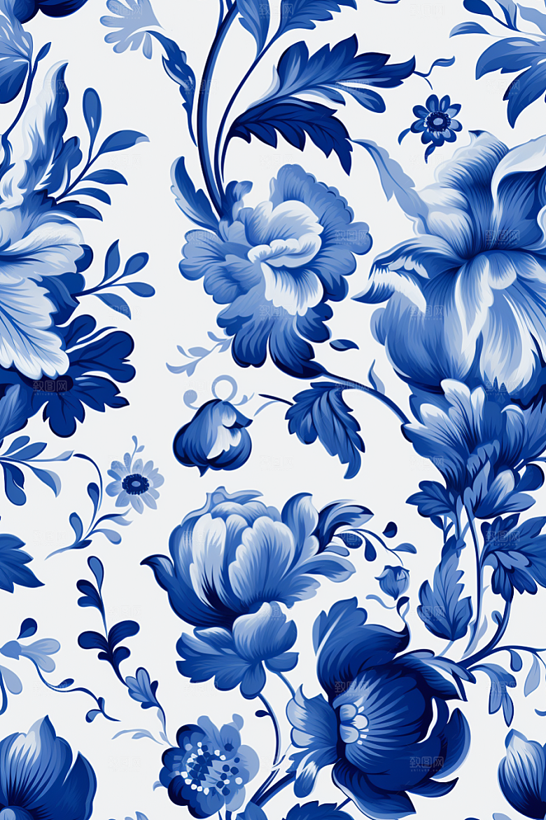 青花瓷纹样花卉国画底纹
