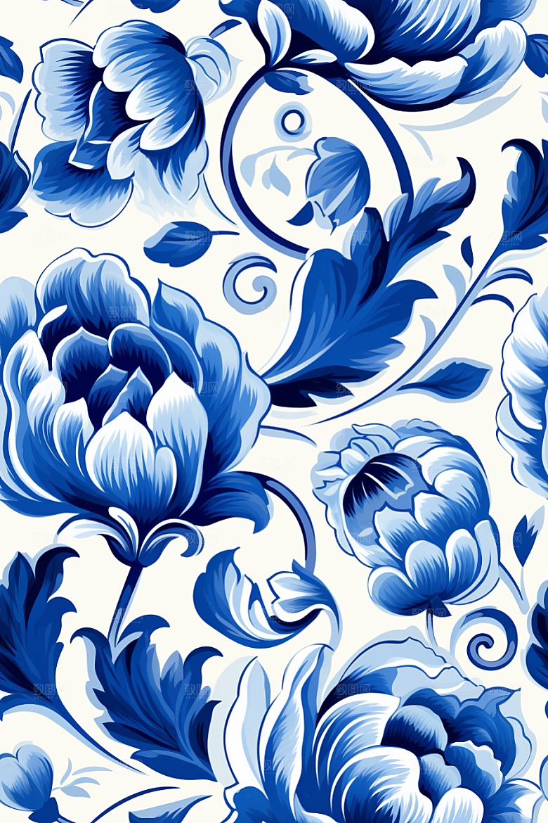 青花瓷纹样蓝色国画底纹