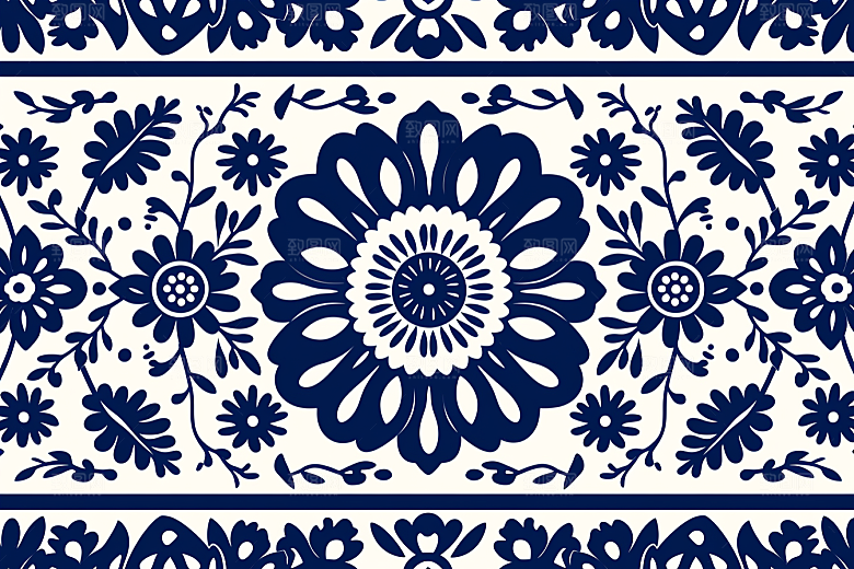 青花瓷纹样花卉工笔画底纹