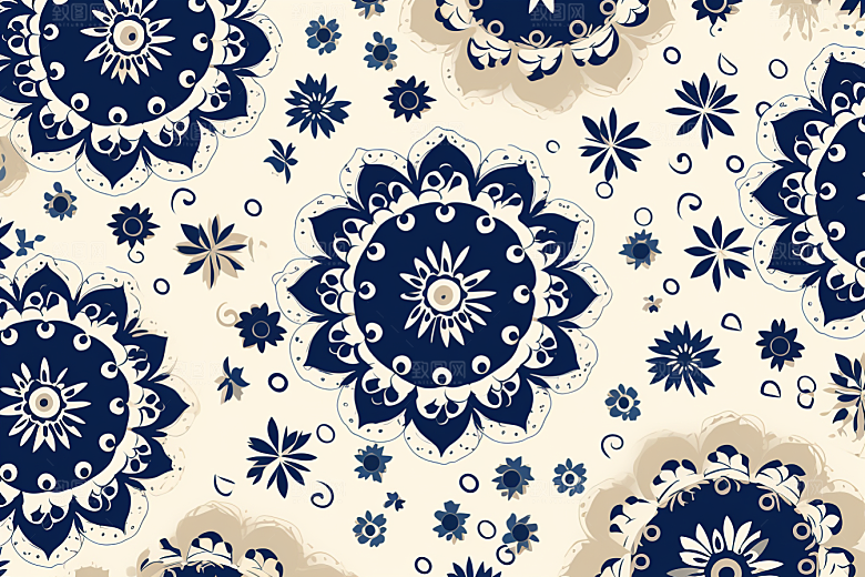 青花瓷纹样花卉工笔画底纹