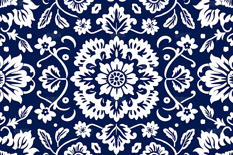青花瓷纹样国画蓝色底纹