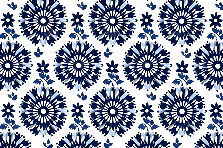 青花瓷纹样工笔画蓝色底纹