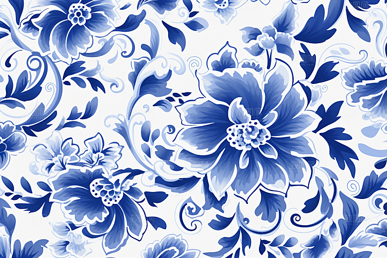 青花瓷纹样花卉工笔画底纹