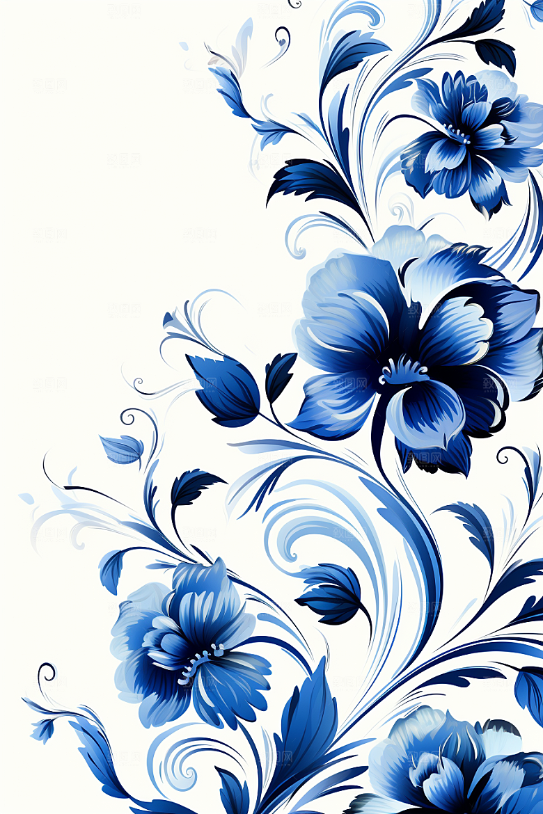 青花瓷纹样花卉工笔画底纹