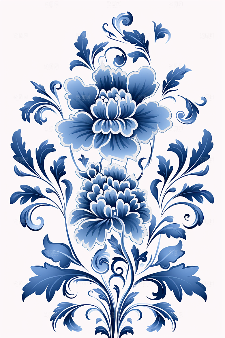 青花瓷纹样工笔画花卉底纹