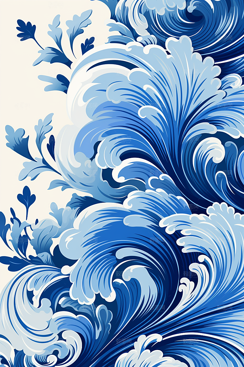 青花瓷纹样蓝色工笔画底纹