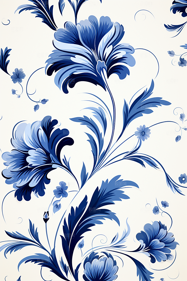 青花瓷纹样蓝色工笔画底纹