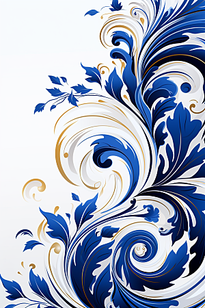 青花瓷纹样工笔画蓝色底纹