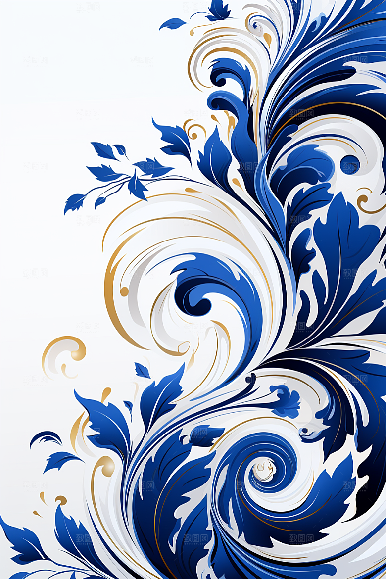 青花瓷纹样工笔画蓝色底纹