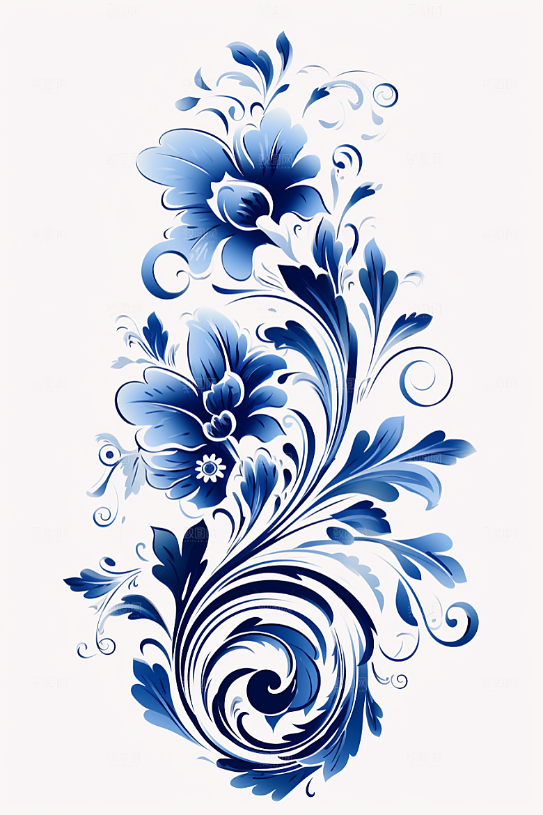青花瓷纹样工笔画蓝色底纹